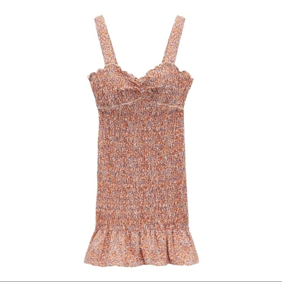 NWT ZARA Orange Floral Smocked Ruffle Bodycon Mini Dress Size Large Blogger Fave - Picture 5 of 9